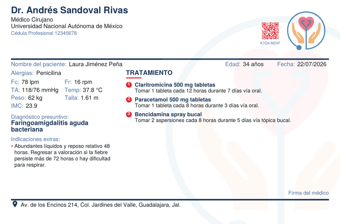 Receta de medicina general con marca de agua y QR
